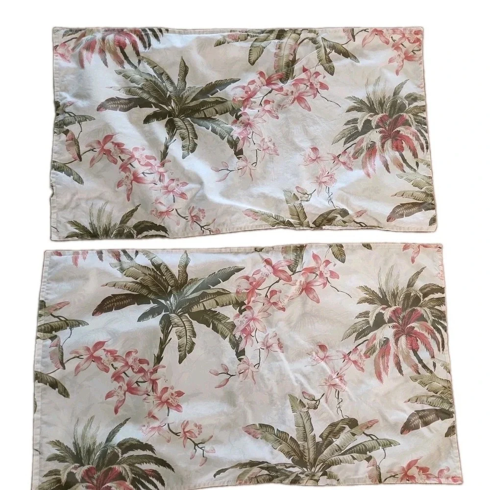 2/Tommy Bahama Bonny Cove KING SHAMS Palm Orchid Tropical Beach Beige Pink Green